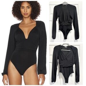 NWOT FREE PEOPLE In Your Arms Shirred
Bodysuit Black Thong Long Sleeve Size XS
